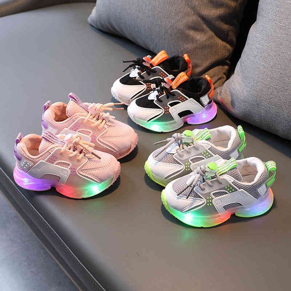 

baby shoes spring and autumn children's led lights girls' sports boys' mesh breathable soft bottom, Black