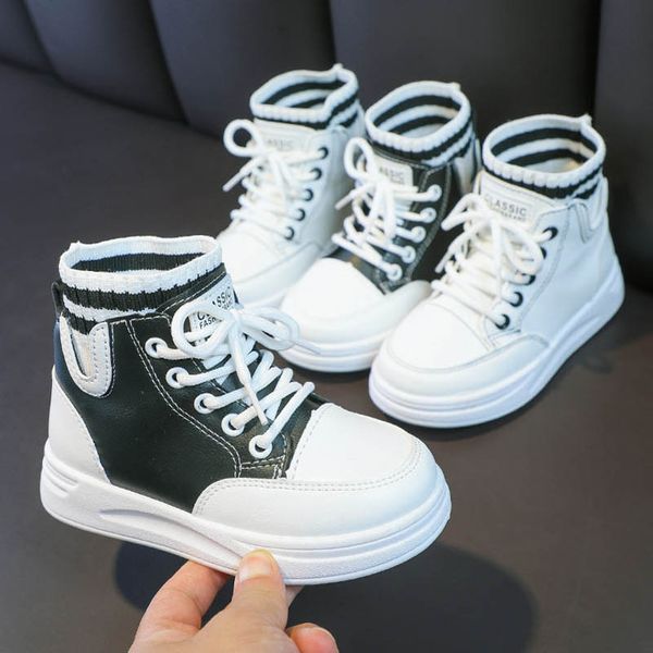 

kids boots children shoes childrens footwear girls short boot autumn winter knitting student wear leather b8318, Black;grey