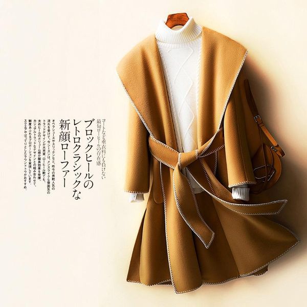 

women's wool & blends hooded double-sided cashmere coat small short autumn and winter 2021 loose lace up, Black