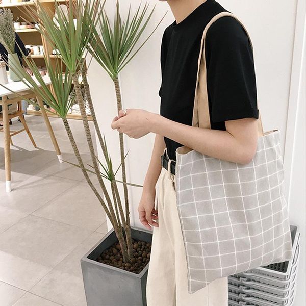 

shopping bags canvas cotton tote bag casual beach handbag eco daily use foldable shoulder plaid for women