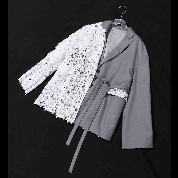 

[eam] women gray lace bandage split joint blazer new lapel long sleeve loose fit jacket fashion tide spring autumn 1n505 201012, White;black