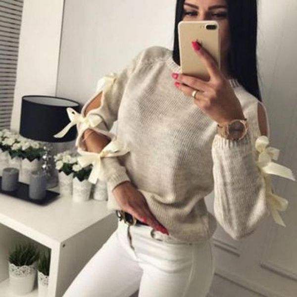 

women's sweaters autumn sweater women o-neck warm knitted and pullover bow hollow out long sleeve knitwear jumper pull femme, White;black