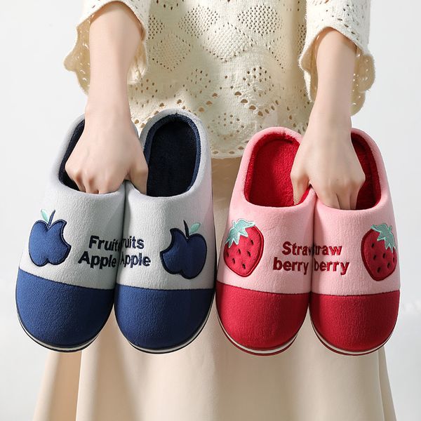 

2022 new cotton slippers female lovely lovers home plush fruit embroidery home slippers male fur slides, Black