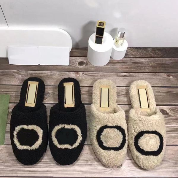 

100% luxury designer slipper wool slide natural sheepskin fur slippers fashion autumn and winter slippers women warm indoor slippers soft, Black