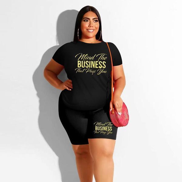 

plus size tracksuits storyever women's fashion letter printed casual round neck summer clothing two-piece suit, Black