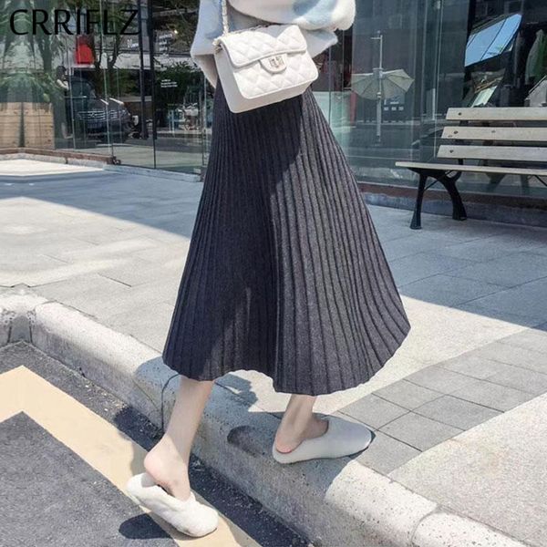 

autumn winter fashion pleated skirt women casual elegant solid high waist midi female office lady skirts, Black