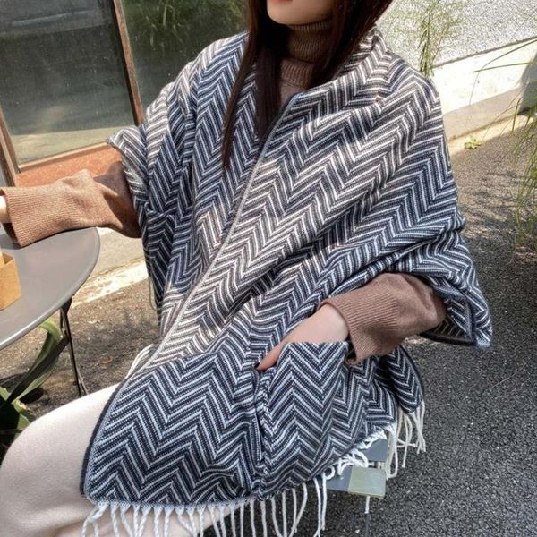 

scarves shawl coat 2021 autumn and winter women's scarf desert travel with tassel pocket cloak oversized warm fashion blanket, Blue;gray
