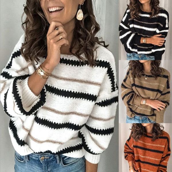 

faashion striped loose ladies sweater pullover 2021 autumn winter casual o-neck long sleeve jumpers knit sweaters women women's, White;black