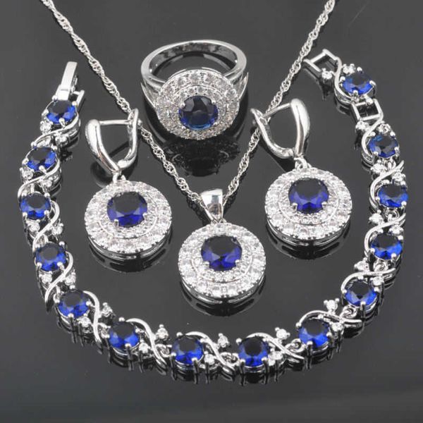 

elegant wedding jewelry sets silver plated blue zircon for women bracelet necklace pendant earrings ring brithday gift qs0269 h1022