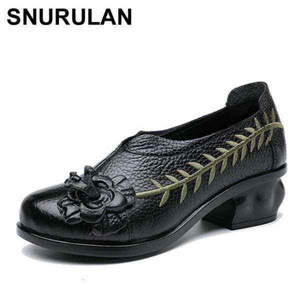 

dress shoes snurulan flower genuine leather women low heel pumps embroidery for soft autumn handmade office, Black