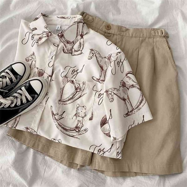 Summer Fashion Curto Set Mulheres Camisa de Manga Casual + Cintura alta Largura Pé S Correspondência Twinset 210724