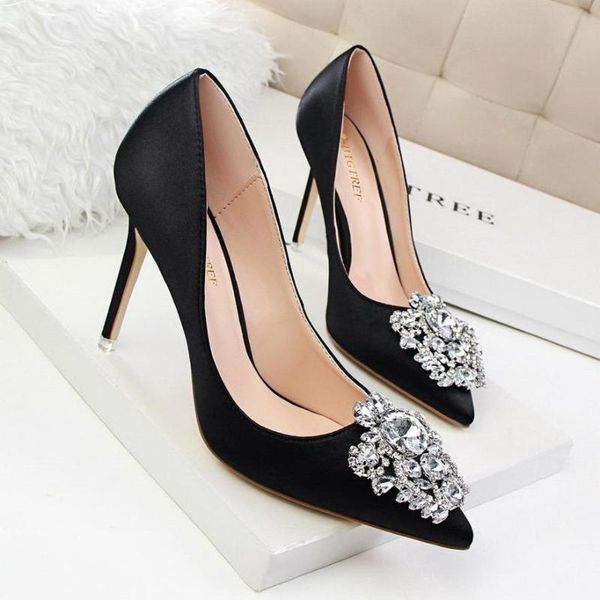 

dress shoes women high heels rhinestone fine shallow, Black