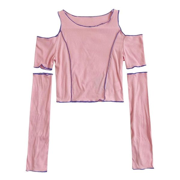 

women's t-shirt summer off-shoulder color matching slim-fit short long-sleeved, White