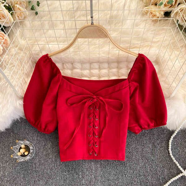 

autumn women's drawstring blouse elegant v-neck puff sleeve short female red/yellow/black/white shirts fashion blusas 210426