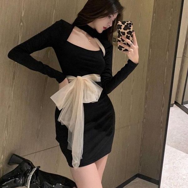 

casual dresses black dress 2021 fierce french retro bottoming mesh female autumn and winter bandage sheath, Black;gray