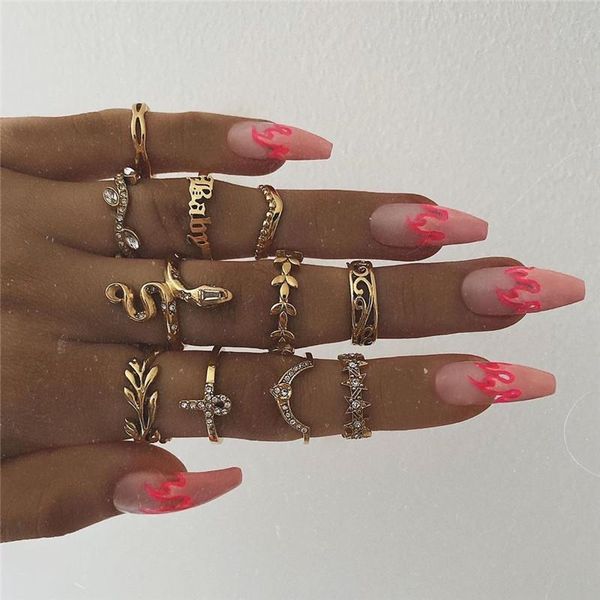 

cluster rings modyle 11pcs/set vintage boho snake crystal finger set punk bohemian letter star ring for women party jewelry gift, Golden;silver