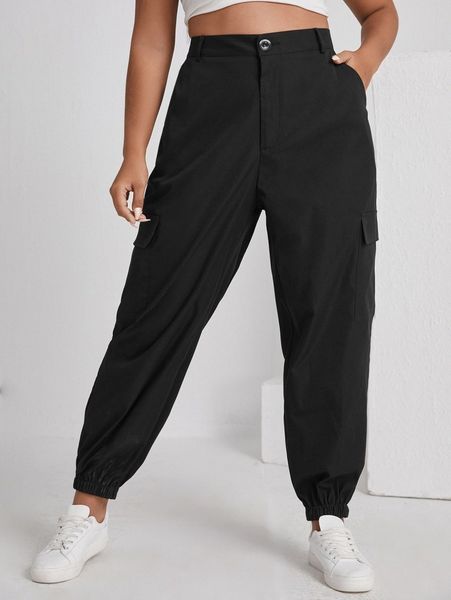 

plus solid button fly flap pocket cargo pants 17qu#, Black
