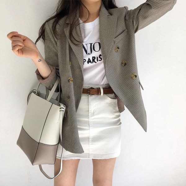 

street wear plaid blazer coat ladies casual long sleeve slim fit outwear suits & blazers for woman, White;black