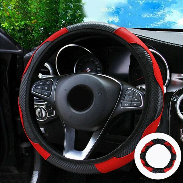 

steering wheel covers 1 pc 37~38cm carbon fiber leather car cover non-slip black &red fast delivery