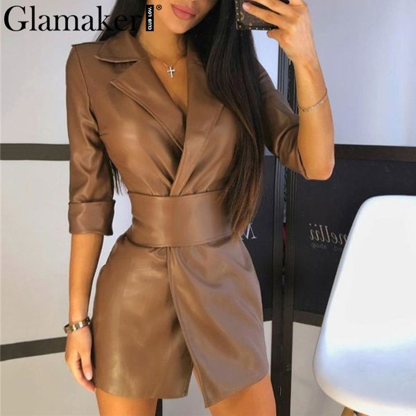 

glamaker pu leather blazer mini dress women turn-down collars office lady elegant blazer with belt winter autumn streetwear 210412, Black;gray