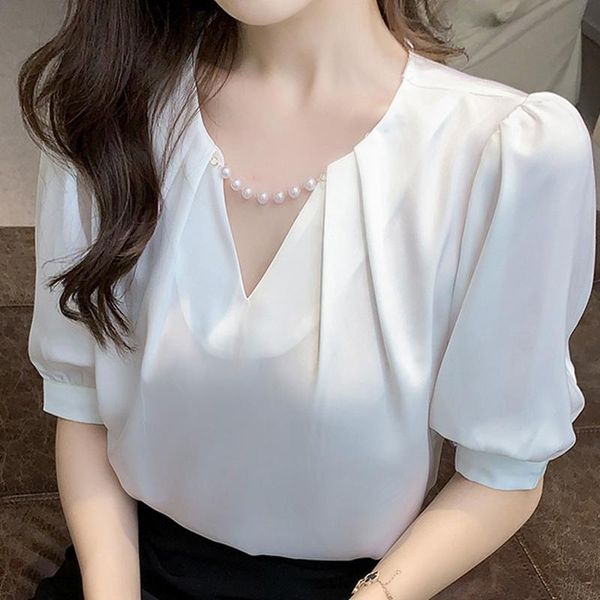 

women's blouses & shirts 2021 verano beaded v-neck chiffon shirt, White