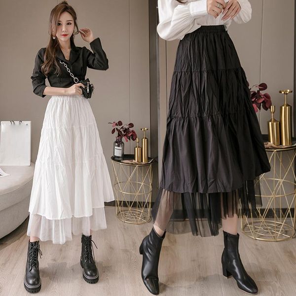 

skirts white black summer a-line skirt women spring patchwork tulle high waist midi long mesh female all-match lady