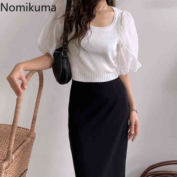 

nomikuma gauze patchwork short sleeve t shirt women chic summer clothes camisetas korean style elegant tshirts ladies 210514, White