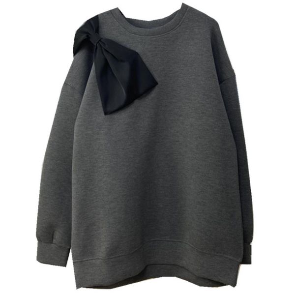 

women's hoodies & sweatshirts [ewq] 2021 autumn winter fashion female gray round neck minimalist long-sleeved pullover solid color bow, Black