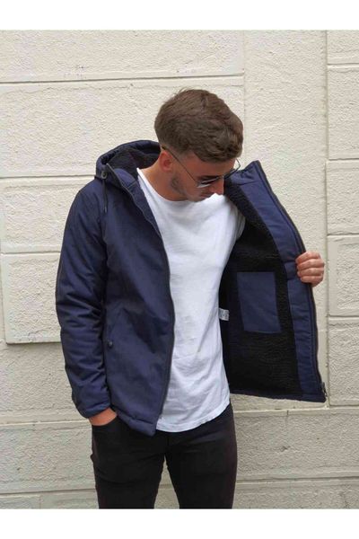 

men's hooded wool coat, zipper navy blue, windbreaker, winter street cloth, Black