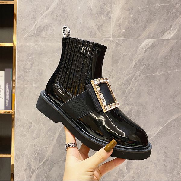 

straight diamond square buckle british style martin women's spring and autumn single 2021 patent leather chelsea short boots, Black