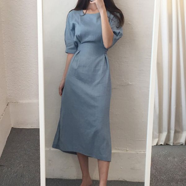 

summer cotton linen long vintage dresses women chic solid chic a-line elegant maxi dress female 2020 fashion office lady clothes, Black;gray