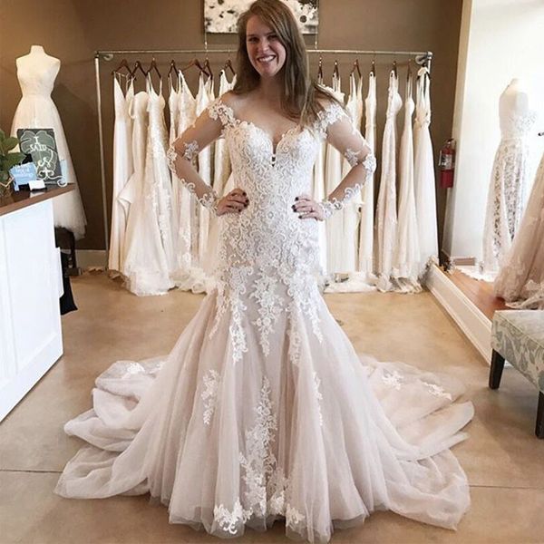 

off shoulder long sleeves lace mermaid wedding dresses appliqued sweep train lace-up back plus size bridal gowns, White