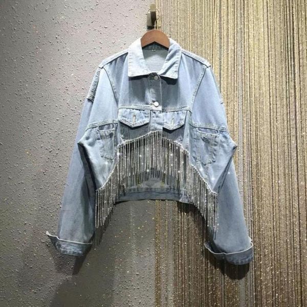 

women's jackets autumn fashion clothing diamond tassel female long sleeve loose denim jacket single breasted women jeans coat, Black;brown
