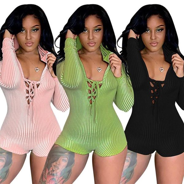 

women's jumpsuits & rompers autumn spring women playsuit lace-up deep v-neck skinny long sleeves bodysuit female striped 2021 sjorts ju, Black;white