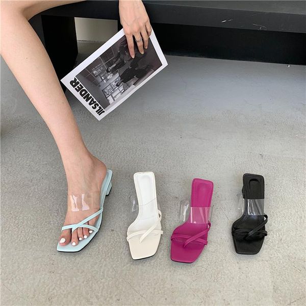

slippers candy color fashion women clip toe purple/black/blue/white ladies sandals slides square mid heels summer party pumps