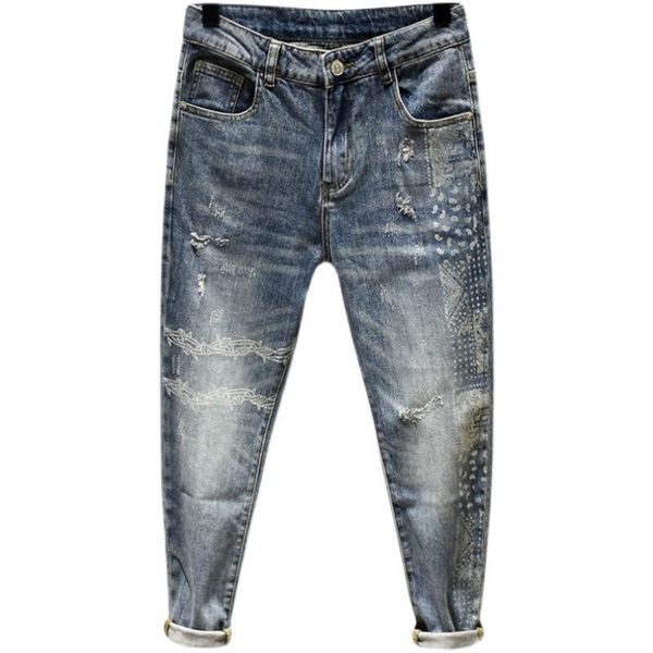 

men's jeans harajuku style pants trendy brand cashew flower ripped slim feet ankle length spring thin pencil, Blue