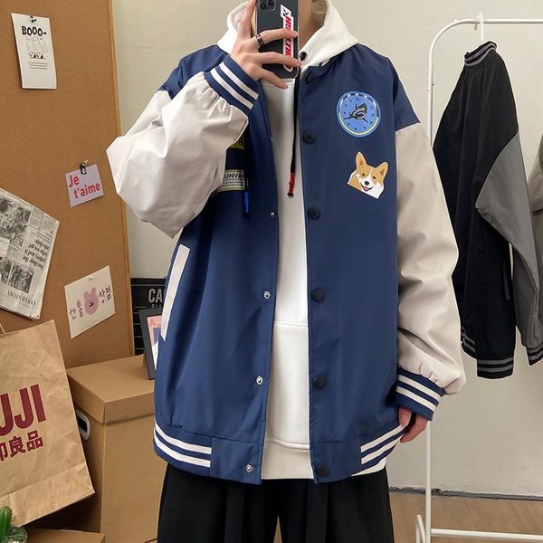 

men's jackets baseball jacket men's spring and autumn fashion brand loose contrast stitching ins hong kong casual button top, Black;brown