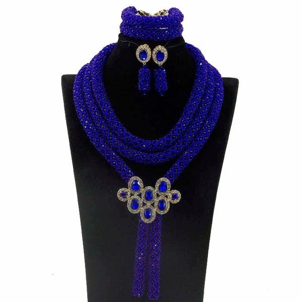 

earrings & necklace 2021 latest charming nigerian wedding african beads jewelry set royal blue crystal hx887, Silver