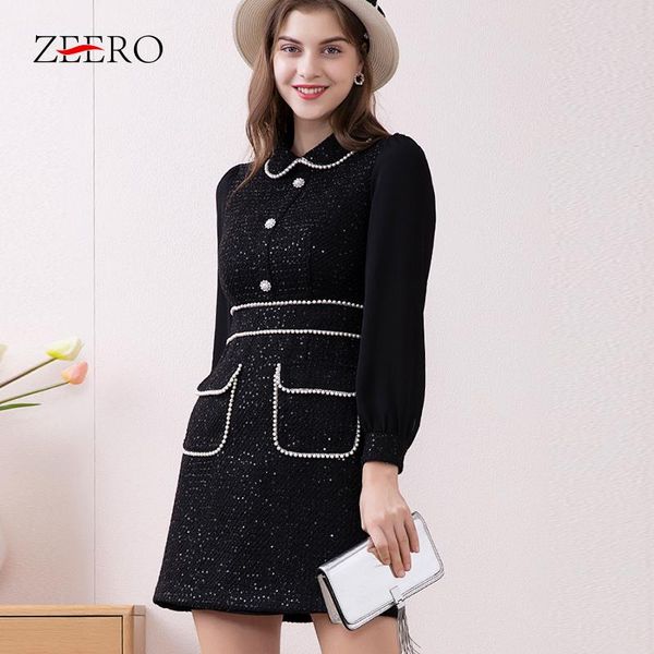 

casual dresses autumn winter female vintage black lapel dress women slim splicing lacy long sleeve pocket beading tweed a-line mini, Black;gray