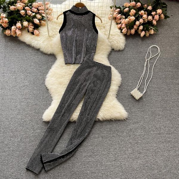 

women's two piece pants summer shiny diamonds decor women set black stand collar sleeveless short + high waist pencil suit, White