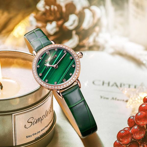 

wristwatches rose gold ladies watch quartz waterproof fashion elegant luxury malachite dial antique leather strap montre femme, Slivery;brown