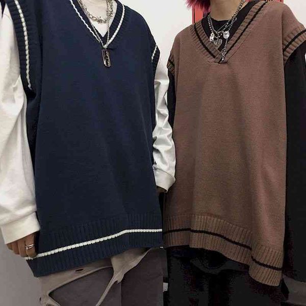 

men's sweaters women vest simple all-match patchwork korean style v-neck knitted sweater leisure student sleeveless female vintage goth, White;black