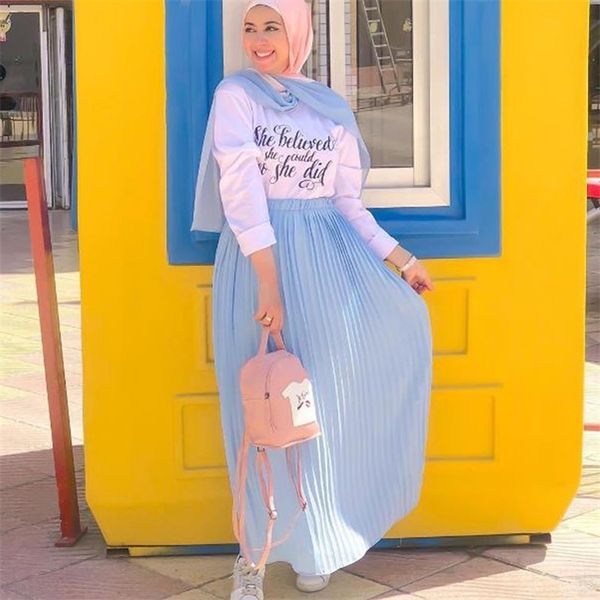 

plus size long pleated skirt abaya muslim high waist maxi skirt turkish islamic skirts for women clothing jupe plissee femme, Red