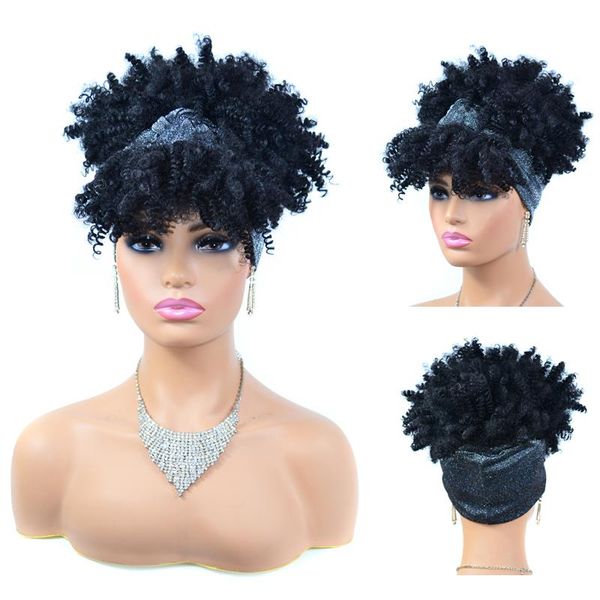 

synthetic wigs fluffy turban wig with hair bangs afro kinky culry headband glueless full machine made wrap, Black