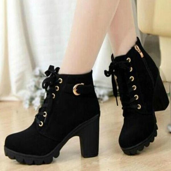 

boots winter women round head thick heel high middle tube front lace-up ankle zapatos de mujer ll568, Black
