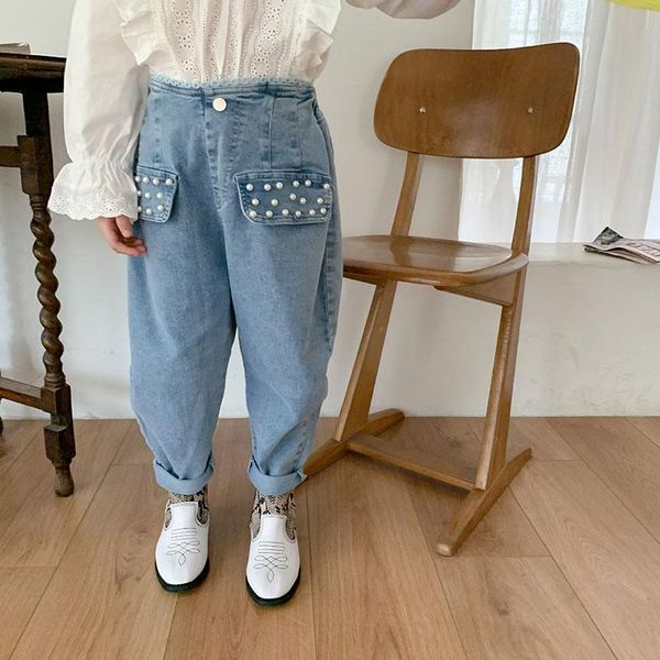 

spring children's clothing girl's lady temperament beaded jeans loose denim pants 2-107, Blue