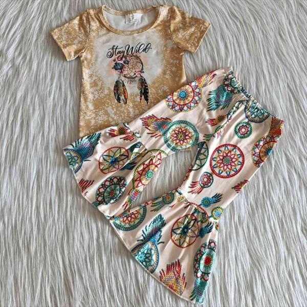 

rts children outfits short sleeve raglan bleached shirt bell bottom pants baby girls kids boutique clothing sets, White