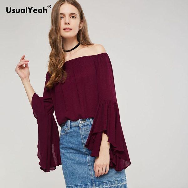 

women's blouses & shirts 2021 women fashion off-shoulder blouse office loose shirt flare sleeve burgundy womens and blusas s-xl, White