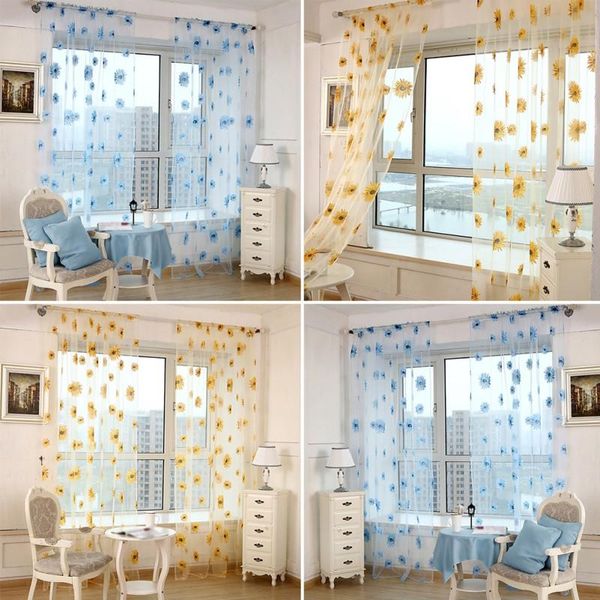 

high practicality simple curtain offset printing sun flower transparent window screen blue 95*200cm wide*long two pieces & drapes