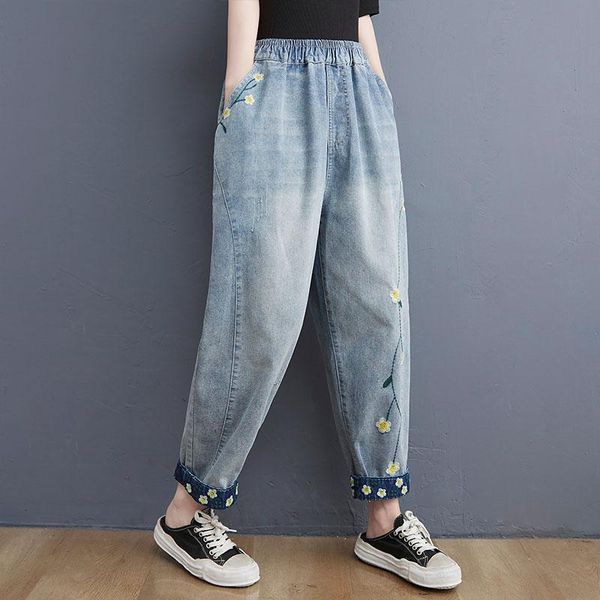 

women's jeans summer arts style women elastic waist loose ankle-length cotton denim pants vintage embroidery flower casual v454, Blue